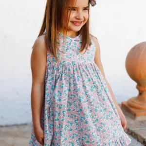 Vestido niña volantes con flores turquesa y rosas