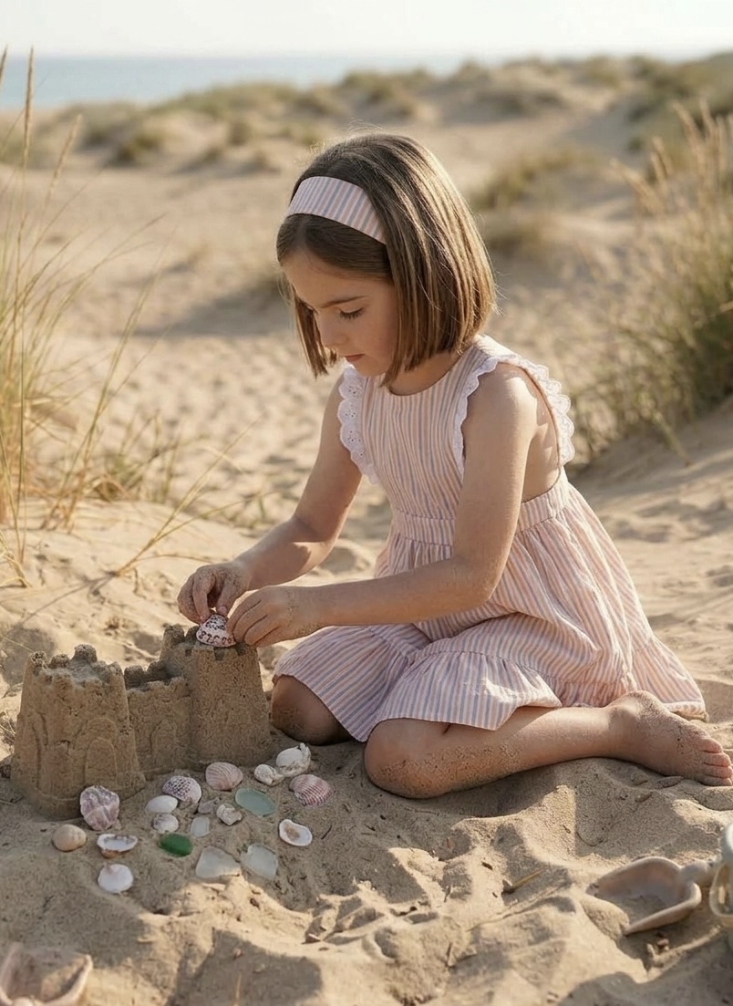 niña jugando en la arena con vestido infantil de rayas moda infantil Sutier