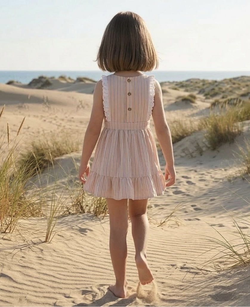 niña de espaldas con vestido infantil de rayas rosa moda infantil Sutier
